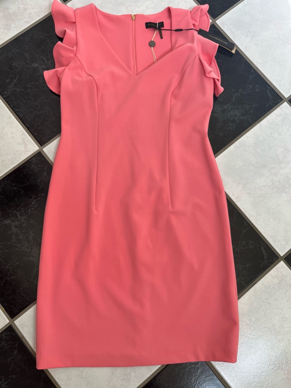 NWT 100% AUTH Donna Karen New York V-Neck Ruffle Sleeve Pink Dress Sz 10